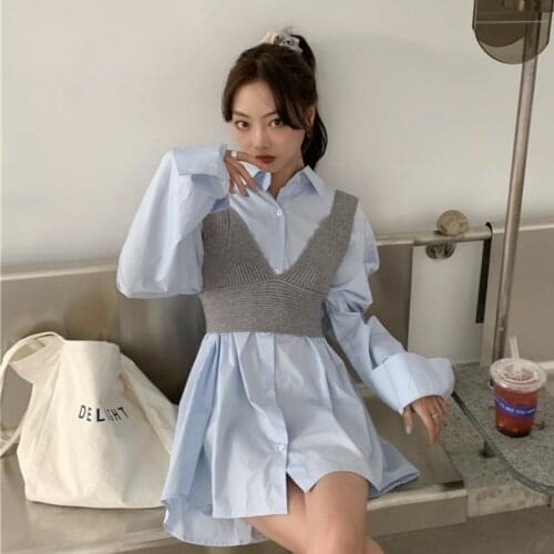 Mini-dresses Two Pieces Womens Clothing Autumn Preppy Style Korean Fashion Clothes Loose Short Dress Turn-down Collar New