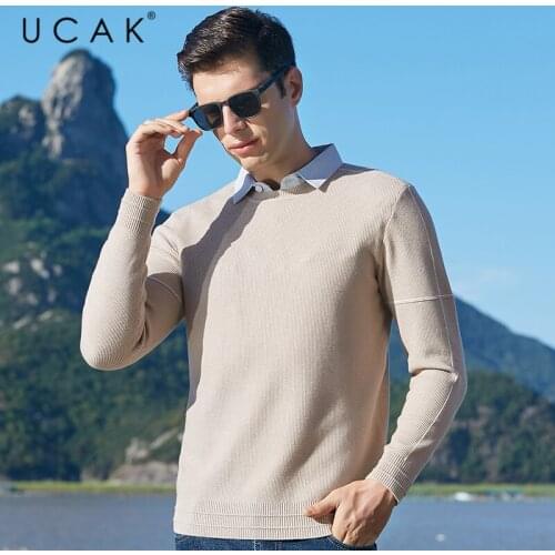 UCAK Brand Mens Turn-down Collar Fake Two Sweaters Clothing NEW Autumn Arrival Classic Streetwear Pullover Homme Clothes U1026