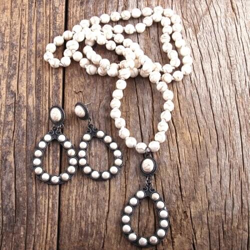 RH Fashion Boho Jewelry Set White / Blue Long Knotted Drop Necklace Earring Set Women Gift Dropship