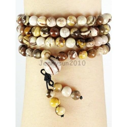 Natural Brown Zebra 6mm Gems Stone Buddhist 108 Beads Prayer Mala Multi-Purpose Stretchy Bracelet 5Strands/Pack