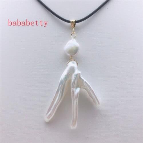 New Tibetan silver fashion natural freshwater Alien irregular pearl Pure hand made Pendant leather rope necklace