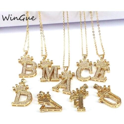 Crystal Zircon Crown Letter Pendant Necklace For Women Men Initial Letter Necklace Hip Hop Gold Chain Jewelry Collier Bijoux
