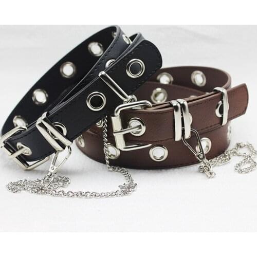 Women Belt Free Size Fashion Black PU Leather Belt With Chain For Men New Punk Style Pin Buckle Dress Jeans Decorative