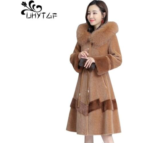UHYTGF luxury Fox fur collar Hooded Winter Fur Coat Sheep shearing Slim long Outerwear Mink Warm Fur jacket M-4XL Plus size 1027