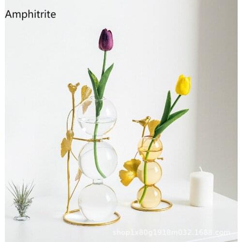Glass Vases Round Ball With Metal Shelf Creativity Home Crystal Table Decoration Transparent Vase Handcrafted Vase Terrarium