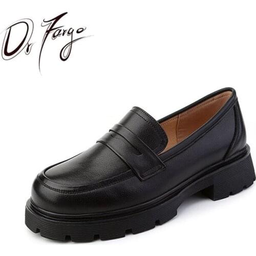 Office Lady Natural Genuine Leather Platform Chunky High Heel 4cm Slip-on Shoes Cow Leather Round Toe Pumps Ladies 35-43