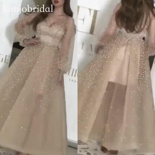 Champagne prom dresses 2019 deep v neck pearls long sleeve beaded a line evening dresses gala jurken