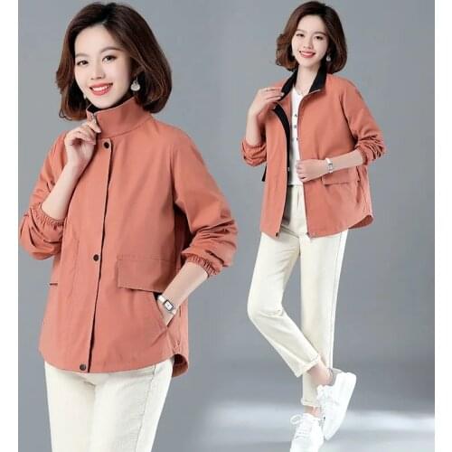 Women Short Windbreakers Spring Autumn Korean Loose Jackets Female Fashion Stand-up collar Coat Casual Zipper Pocket Coat Tops