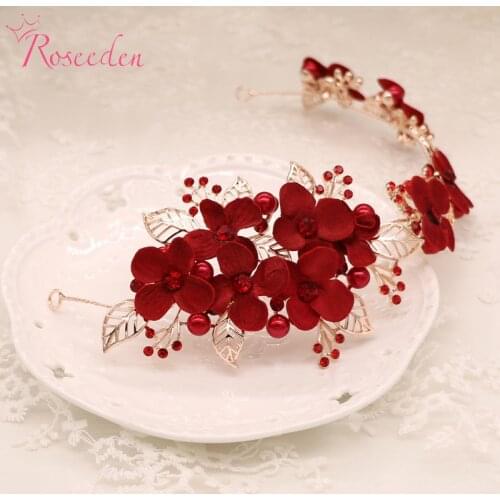 Bridal alloy wedding hairband vintage simulated beautiful red flowers bride handmade headdress wedding dress accessories RE360