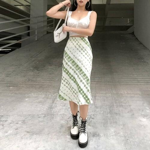 Women Spring High Waist Midi Long Straight Skirt Harajuku Aesthetic Tie-Dye Dot Striped Printed Package Hip Streetwear