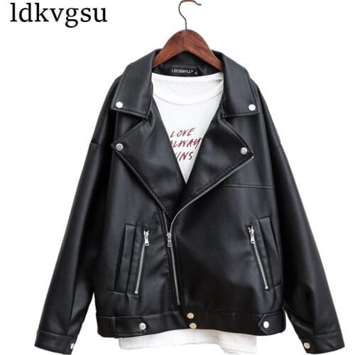 2020 New Spring Autumn Loose Ladies Faux PU Leather Korean Motorcycle Leather Jacket Coat Womens Casual Large Size Black A1221