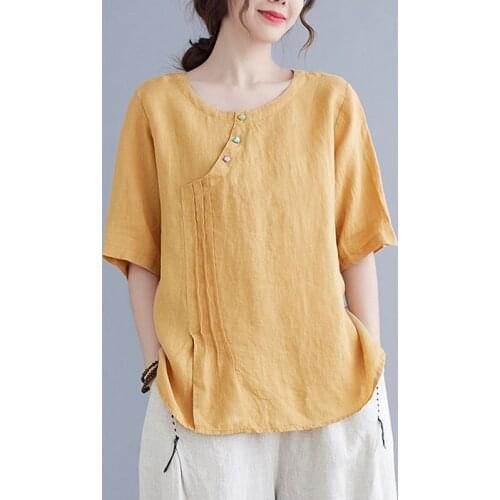 Women Cotton Linen Causal T-shirts New 2021 Summer Vintage Style O-neck Solid Color Loose Female Short Sleeve Tops Tees S3925
