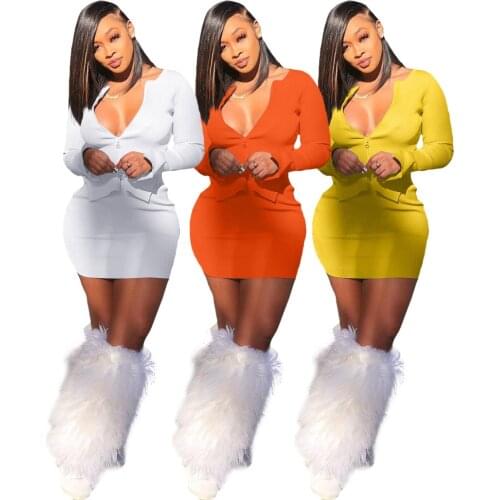 Solid Color Double Zipper Elastic Casual Dress Set Sexy V Neck Long Sleeve Irregular Crop Top + Mini Skirts Club Two Piece Set