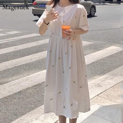 Short Sleeve Woman Dress 2021 Embroidery Floral Mid-Calf White Summer Dress Loose Line Cute Sweet Sundress Cotton Clothing 15164