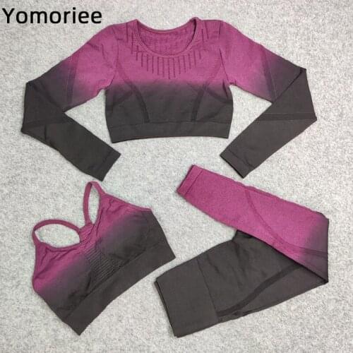 3Pc Yoga Set For Women Gym Sport Workout Running Training Fitness Sportswear Gradient Quick Dry Breathable Activewear High Waist