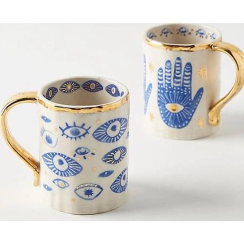 400ml Hand Eye Ceramic Coffee Mug Gold Rim Decorative Kitchen Home Tableware Personalized Tea Milk Cup Handmade Creative Gifts