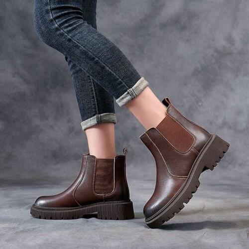 Platform Women Chelsea Boots Ankle Boots Genuine Leather Fashion Casual Round Toe Thick Bottom Women Bootie