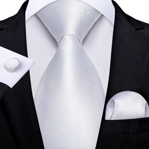 Brand Fashion White Solid Ties For Men Wedding Party Neck Tie Set Pocket Square Cufflinks Silk Tie Gravatas Gift For Men DiBanGu