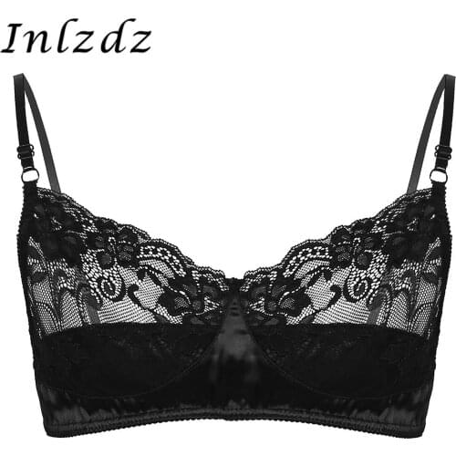 Mens Sissy Sex Bra Top Adjustable Spaghetti Straps Soft Floral Lace Satin Lingerie Wire-free No Pad Bra Top Breathable Bralette