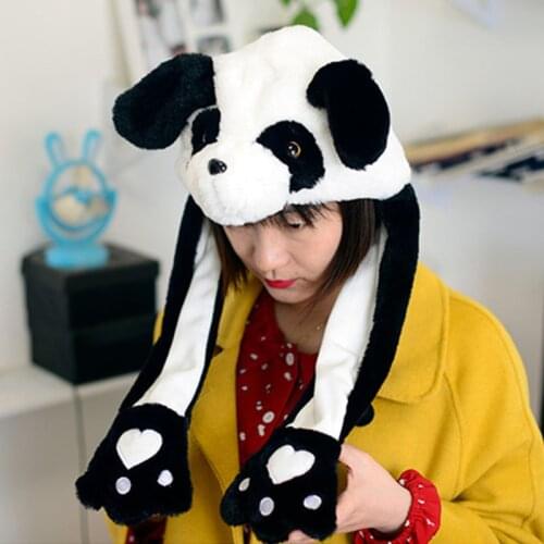 Children Adult Short Plush Cute 3D Cartoon Panda Animal Hat with Moving Ears Double Airbag Paws Warm Earflap Cap Toy Party Props