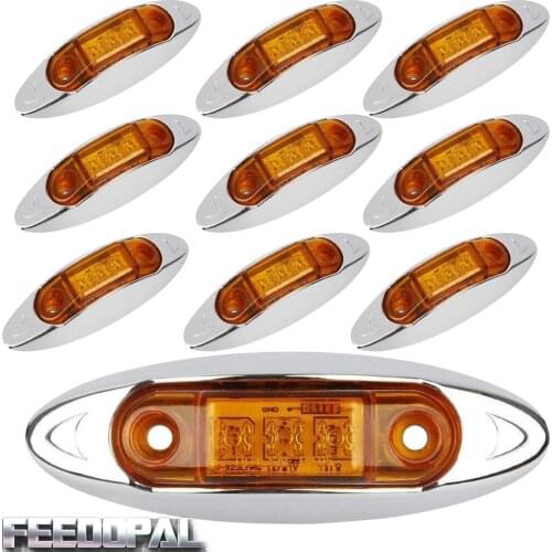 FEEDOPAL 10PCS Amber Yellow 4" 3 LED Side Marker Clearance Lights Fish Lamp Chrome Housing for Van Trailer Truck Boat 10-30V