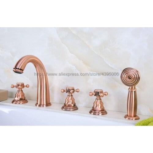 Bathtub Faucet Deck Mounted 5 Hole Tub Sink Mixer Taps Cross Handles Roman Tub Faucet with Handshower Btf239