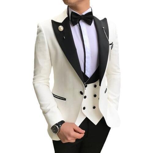 Mens Suits White 3 piece Slim Fit Business Notched Lapel V Neck Tuxedos Groomsmen Men Suits for Wedding (Jacket+Pants+Vest)