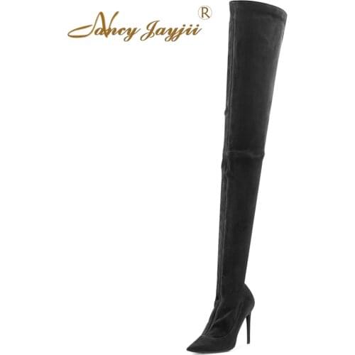 Nancyjayj Women Black Suede Point Toe High Heels Over the Knee Boots Fashion Shoes for Woman, zapatos botas mujer plus size 5-14