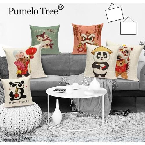 Cartoon New Year Panda Cushion Covers Snowman Fox Decorative Pillow Cases Dance Lion Cushions Cover Dragon Boat Sofa Funda Cojin