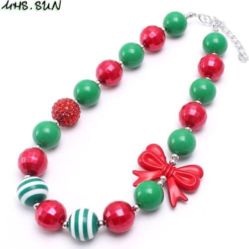 MHS.SUN Christmas Jewelry Cute Red/Green Beads Necklace With Bowknot For Child Kids Chunky Bubblegum Necklace Party Gifts