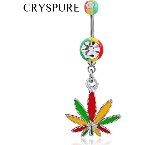 1 Piece Multicolor Drip oil Maple Leaf Navel Piercing Belly Button Ring Pierce Industrial Rhinestone Jewelry accessories
