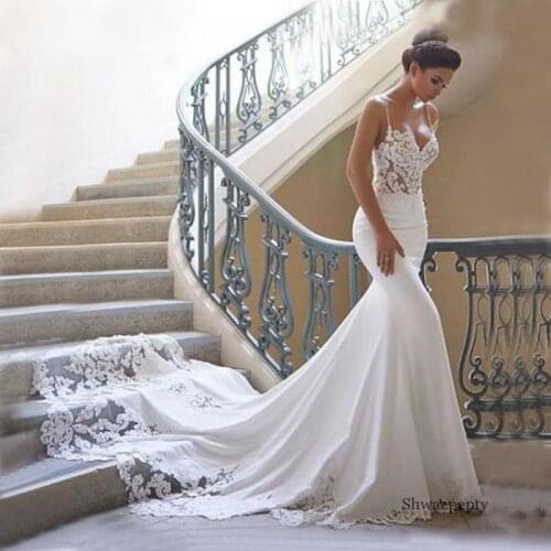 Long Train Spaghetti Mermaid Wedding Dresses For Bride New 2020 Vestidos de novia Sleeveless Lace Applique Bridal Gown