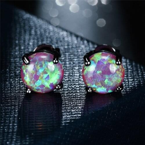 Vintage Black Gold Stud Earrings 8MM Round Purple Opal Stone Earrings For Women Fashion Jewelry Female Antique Wedding Earrings