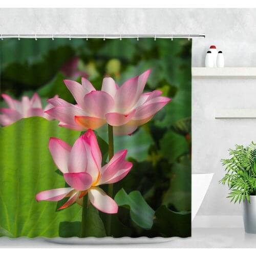 Pink Lotus Shower Curtains Bath Screens Summer Flowers Green Leaves Natural Scenery Chinese Style Modern Bathroom Decor Curtain