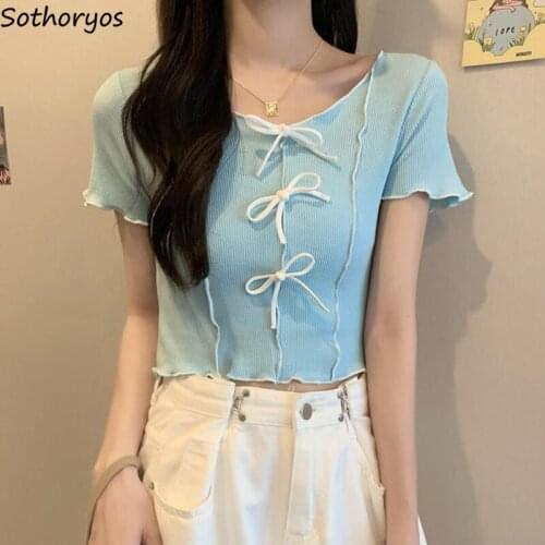 Women Short Sleeve T-shirts Patchwork Bows Elegant Gentle All-match Streetwear Ruffles Cropped Teens Casual Knitted Retro Sweet