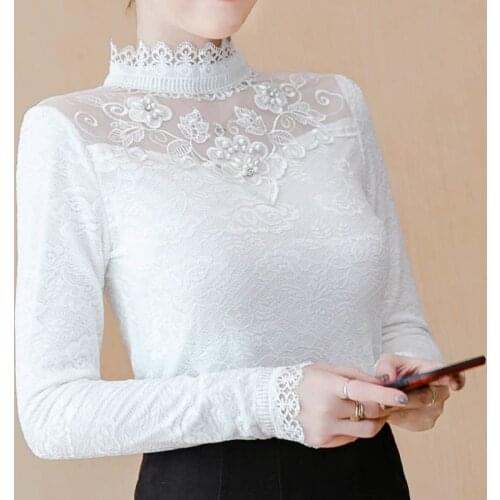 Women Spring Autumn Style Slim Lace Blouses Shirts Lady Casual Long Sleeve Turtleneck Flower Printed Lace Blusas Tops DD8195