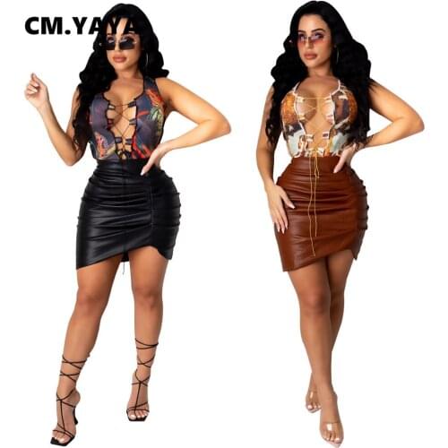 CM.YAYA Women High Waist Faux Leather Stacked Skirts Night Club Street Sexy Party Bodycon Midi Mini Irregular Skirt