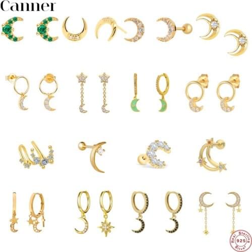 CANNER Real 925 Sterling Silver Crystals Moon Stud Earring For Women Pendientes Cartilage Earring Party Fine Jewelry Accessories
