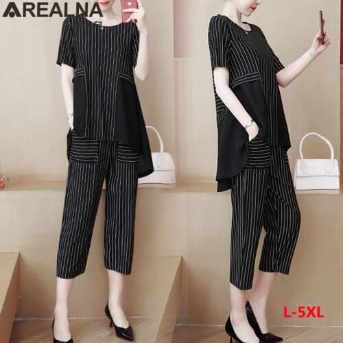 Summer two piece set women Casual Irregular striped patchwork tops + pant Female Office plus size Suit Set Short Sleeve Sets 5XL