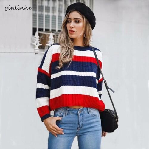 Yinlinhe Color Striped Knitted Sweater Women Long Sleeve Autumn Winter Loose Jumper Pullover Female Tops Out Wear 467