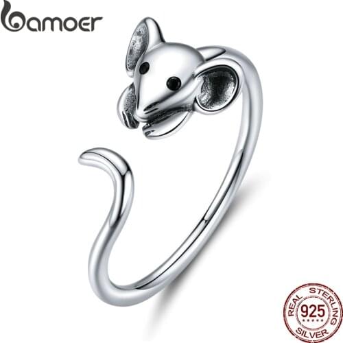 Bamoer Authentic 925 Sterling Silver Mouse Animal Adjustable Finger Ring for Women 2020 Zodiac Fashion Jewelry Bijoux SCR632