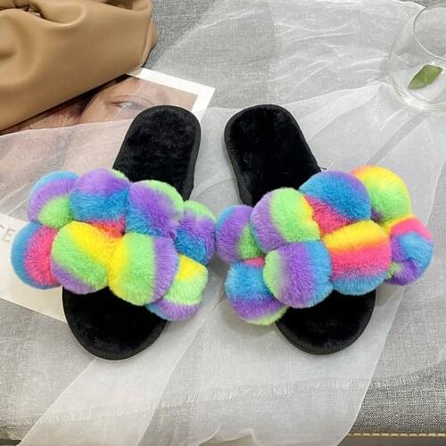 Winter Home Cozy Women Colored Hair Ball Plush Slippers Faux Furry Flat Slip on Indoor Non Slip House Slides Ladies Shoes hh92