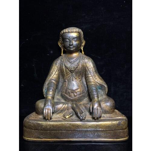 10"Tibet temple Old Bronze Cinnabar Lacquer Guru Buddha Statue Buddha statue Tibetan Buddha Buddhist teacher