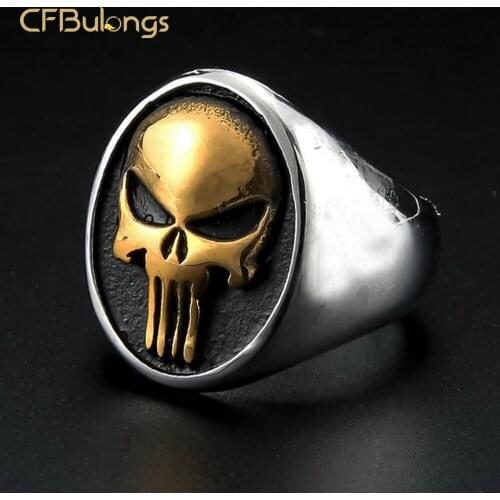CFBulongs Stainless Steel Punisher Skull Ring Punk Rock Band Motorcycle Finger Ring Men Jewelry Halloween Gift