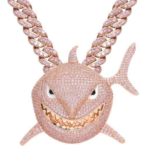Full Zircon Hip Hop Animal Shark Head Pendant Cuban Chain Necklace Gold Color Charm Mens Rock Street Jewelry
