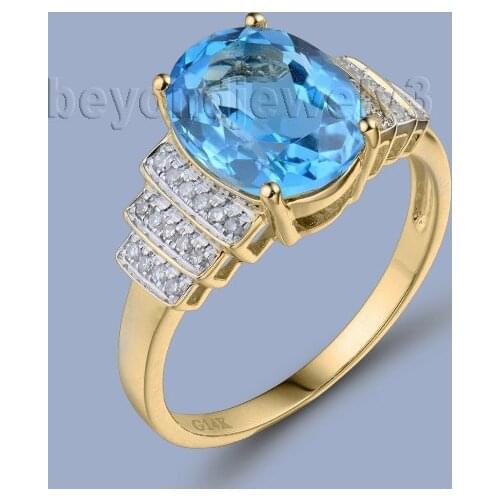 LANMI Women Toaz Rings Pure 14KT Yellow Gold In Side Diamonds Blue Topaz Ring For Birthday Gift