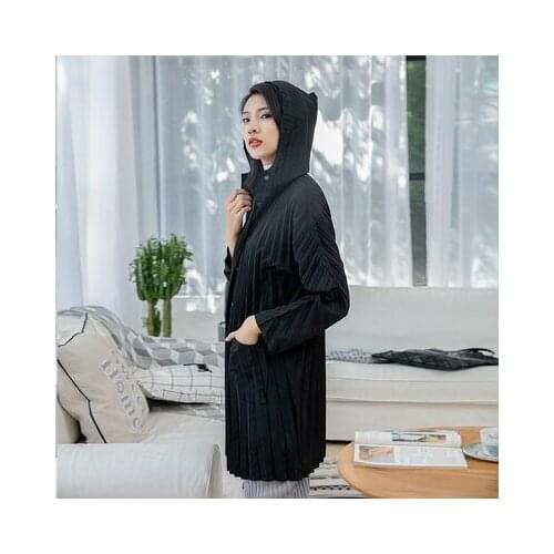 HOT SELLING miyake hooded outerwear pleated solid single breasted length sleeve wide-waisted outerwear IN STOCK