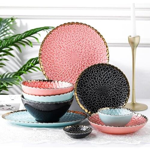 Best Gold Emboss Flower Ceramic Plate Party Tableware Set Porcelain Fruit salad Dessert Breakfast Dish Noodle Bowl Decoration