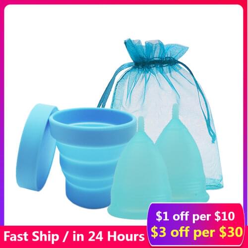 3PCS Medical Silicone Menstrual Cup Foldable Silicone Cup for Menstrual Cup Clean Sterilizer Lady Menstrual collector&Face Brush