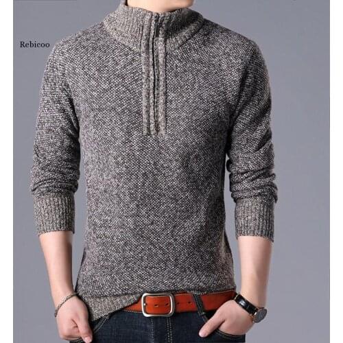 Mens Sweaters Stand Collar Autumn Winter Warm Cashmere Wool Zipper Pullover Sweaters Man Casual Knitwear Slim Fit Tops Men